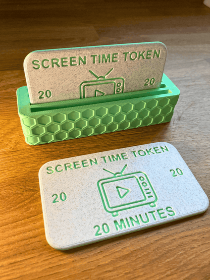 Screen Time Token including holders in Green colour. 20 Minute option displayed.