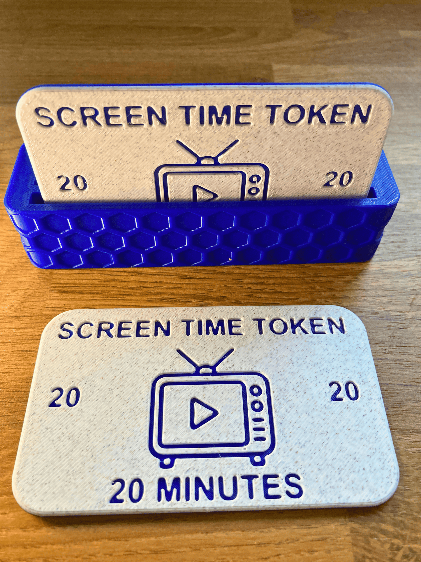 Screen Time Token including holders in Blue colour. 20 Minute option displayed