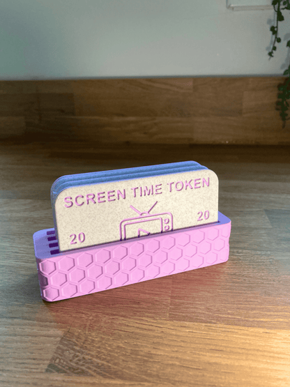 Screen Time Token including holders in Pink colour. 20 Minute option displayed