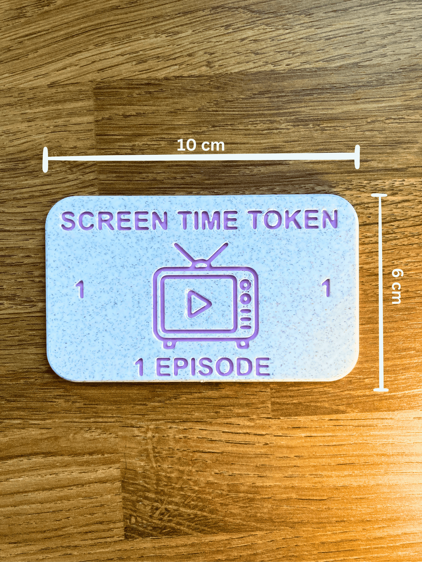 Screen Time Token including holders in Pink colour. 1 Episode option displayed including dimensions 10cm x 6cm 