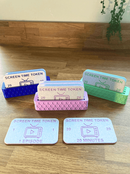 Screen Time Token including holders in Blue, Green and Pink colours. 20 Minute and 1 Episode option displayed