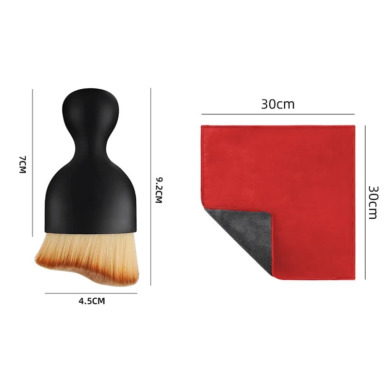 Volkswagen Duster and towel combo. Towels displayed in Red colour with measurements. Brush 9.25 cm by 4.5 cm, Towel 30 cm by 30 cm